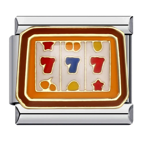 Charm Casino 7 en acier inoxydable, trois 7 rouge bleu rouge sur face emaillee orange et doree, bracelet charm italien