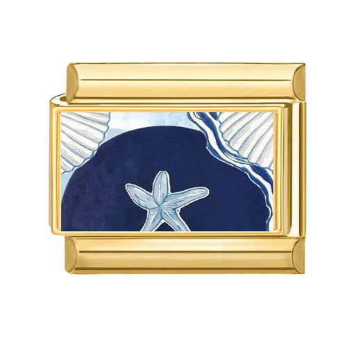 Charm maillon rectangulaire doré motif coquillage et étoile de mer bleu marine acier inoxydable bracelet charm italien
