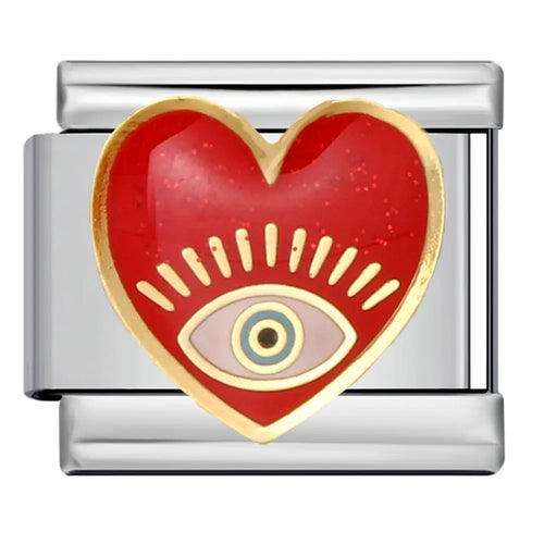 Charm coeur rouge émaillé avec oeil maléfique doré, maillon en acier inoxydable, bracelet charm italien