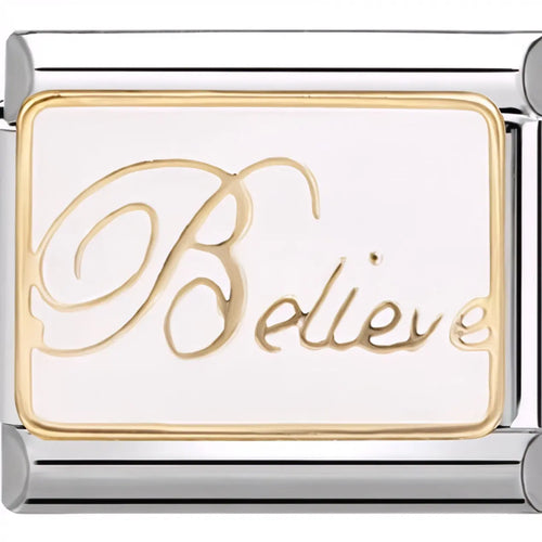 Charm Croire en Soi, maillon rectangulaire blanc émaillé inscription Believe en cursive dorée, bordure or, acier inoxydable, bracelet charm italien