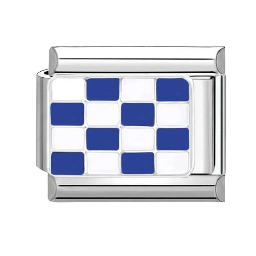 Charm damier émail bleu cobalt et blanc sur maillon argenté acier inoxydable bracelet charm italien