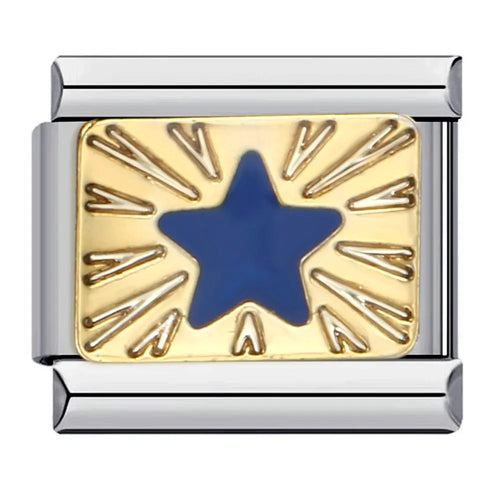 Charm étoile bleue marine en émail sur fond doré avec rayons gravés, acier inoxydable, bracelet charm italien