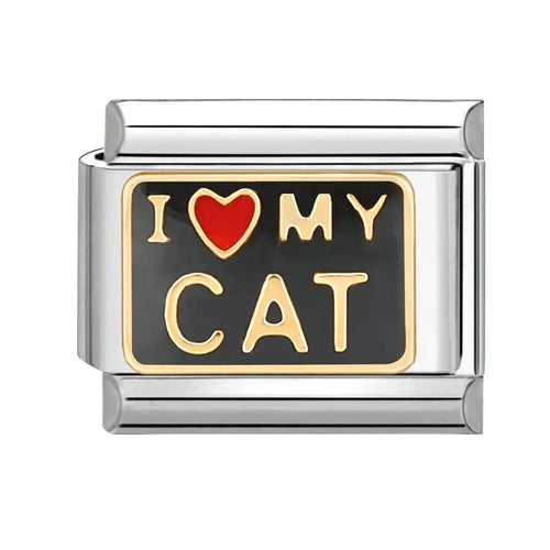 Charm I Love My Cat acier inoxydable, face émail noir avec lettrage doré et cœur rouge, bracelet charm italien
