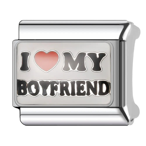 Charm I love my boyfriend, maillon rectangulaire émaillé blanc avec lettres noires et cœur rose, acier inoxydable, bracelet charm italien