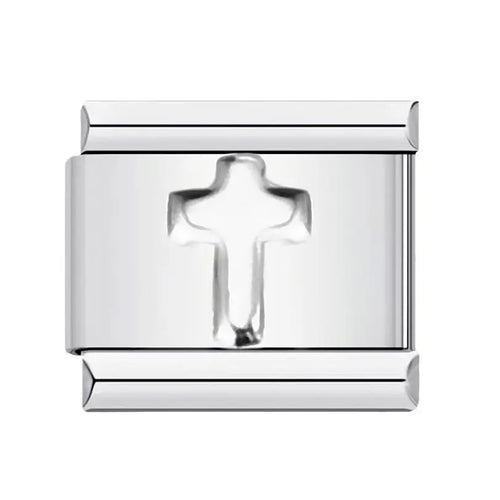 Charm croix argent en relief sur maillon carré en acier inoxydable poli, bracelet charm italien