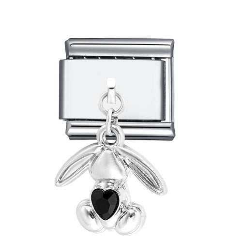 Charm pendentif lapin argenté tenant un cœur noir facetté, suspendu sous un maillon, en acier inoxydable pour bracelet charm italien