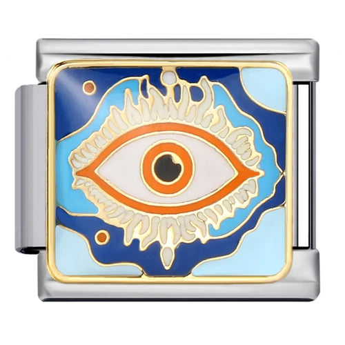 Charm œil protecteur bleu marine et orange en acier inoxydable, émail coloré sur maillon bracelet charm italien