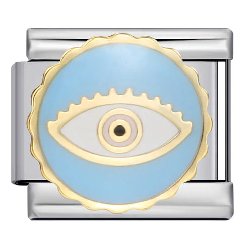 Charm œil égyptien bleu ciel contour festonné doré en acier inoxydable sur bracelet charm italien