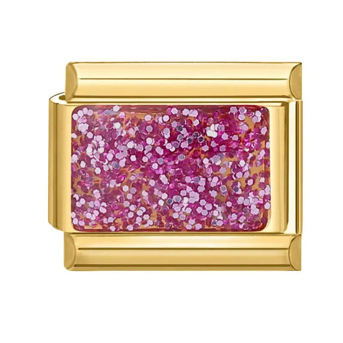 Charm rectangulaire doré à paillettes roses scintillantes en acier inoxydable pour bracelet charm italien