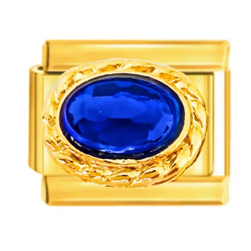 Charm maillon doré avec pierre ovale bleue saphir facettée sertie, acier inoxydable, bracelet charm italien