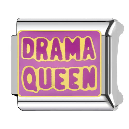 Charm Drama Queen rose et or en acier inoxydable, maillon émaillé fuchsia avec inscription DRAMA QUEEN, bracelet charm italien