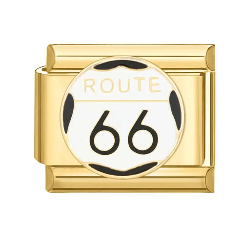 Charm maillon doré Route 66 en émail blanc et noir, acier inoxydable, bracelet charm italien