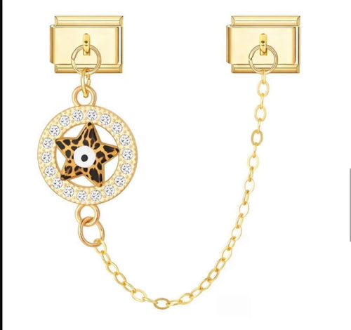 Charm pendentif étoile léopard brun et noir sur médaillon doré pavé de cristaux avec œil mystique, acier inoxydable, bracelet charm italien