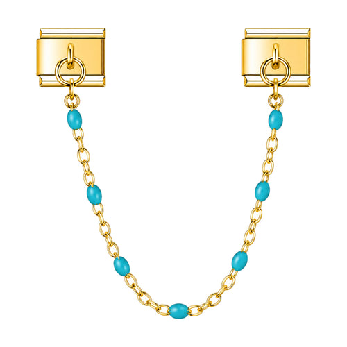 Charm chaîne fine dorée à perles émaillées turquoise reliant deux maillons, acier inoxydable, bracelet charm italien