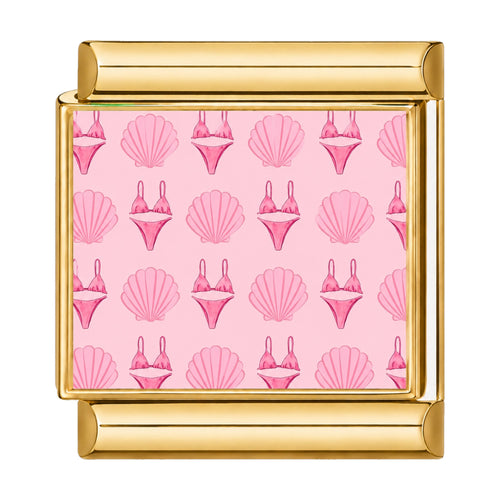 Charm maillon doré motif bikinis et coquillages roses sur fond rose, acier inoxydable, bracelet charm italien