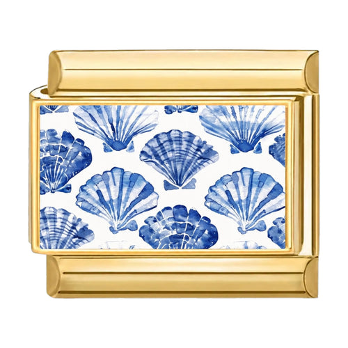 Charm maillon doré motif de coquillages bleus sur fond blanc, acier inoxydable, bracelet charm italien
