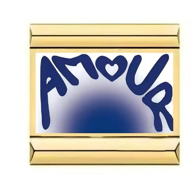 Charm Amour maillon doré face blanche avec texte AMOUR en bleu marine et cœur, acier inoxydable, bracelet charm italien