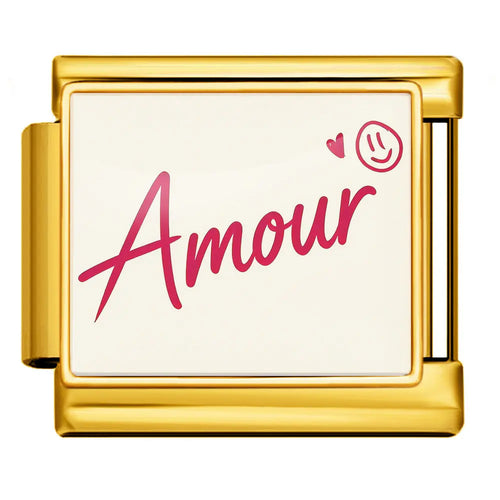 Charm Amour doré acier inoxydable, inscription cursive rose fuchsia sur face émaillée blanche, bracelet charm italien