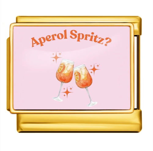 Charm plat acier inoxydable doré fond rose deux flûtes Aperol Spritz bracelet charm italien
