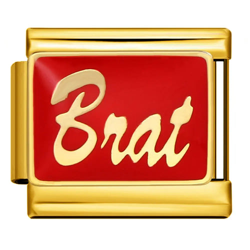 Charm Brat rouge émail fond rouge lettrage doré acier inoxydable bracelet charm italien