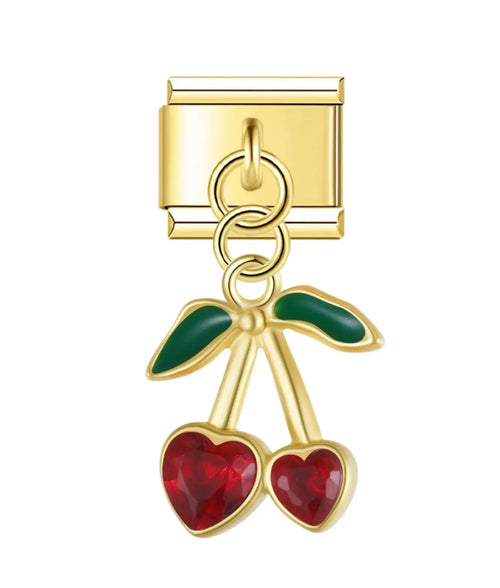 Deux cerises cœur rouge rubis facettées avec feuilles vertes en émail, monture dorée, acier inoxydable, bracelet charm italien