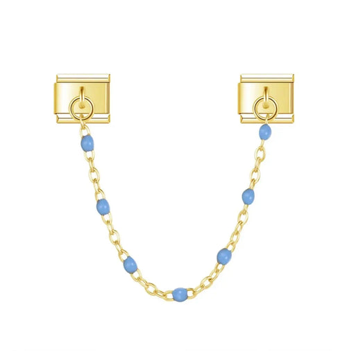 Charm connecteur chaîne dorée avec perles émaillées bleu ciel, acier inoxydable, bracelet charm italien