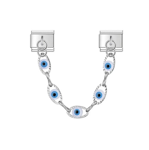 Charm pendentif chaine Mykonos, cinq evil eyes en émail blanc et bleu, maillons ciselés en acier inoxydable, bracelet charm italien