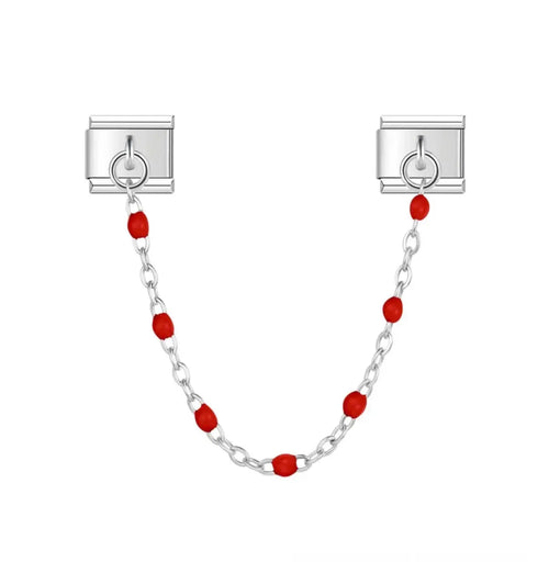 Charm pendentif double maillon acier inoxydable argenté avec chaîne perlée rouge, bracelet charm italien