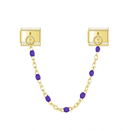 Charm double maillon doré avec chaîne et perles ovales violettes, acier inoxydable, bracelet charm italien