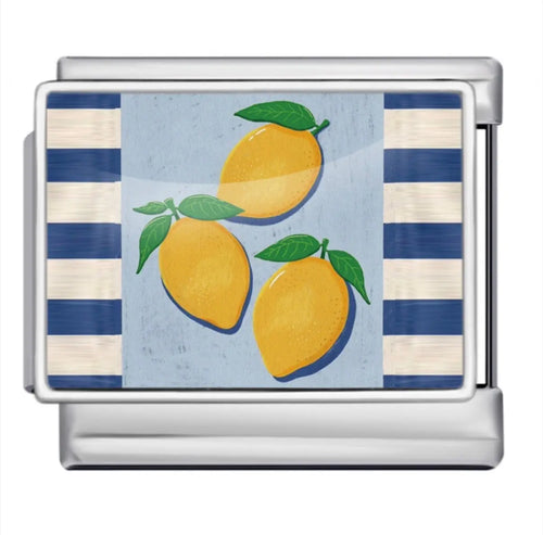 Charm acier inoxydable motif trois citrons jaunes feuilles vertes fond bleu rayures marines style Amalfi bracelet charm italien