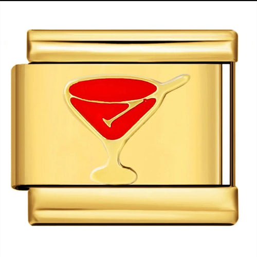 Charm verre à cocktail émail rouge sur maillon doré, acier inoxydable, bracelet charm italien