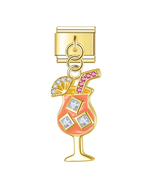 Charm pendentif cocktail playa doré en acier inoxydable, verre garni d'un fruit et d'une paille, pour bracelet charm italien
