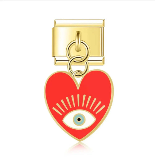 Charm pendentif coeur rouge émaillé avec oeil protecteur bleu, anneaux dorés, acier inoxydable, bracelet charm italien