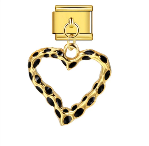 Charm pendentif coeur ajouré doré mouchetures noires émail léopard en acier inoxydable pour bracelet charm italien