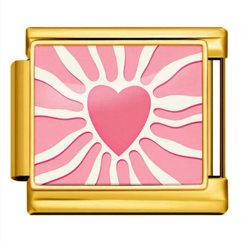 Charm maillon carré acier inoxydable doré, cœur rose fuchsia entouré de rayons ondulés rose et crème, bracelet charm italien