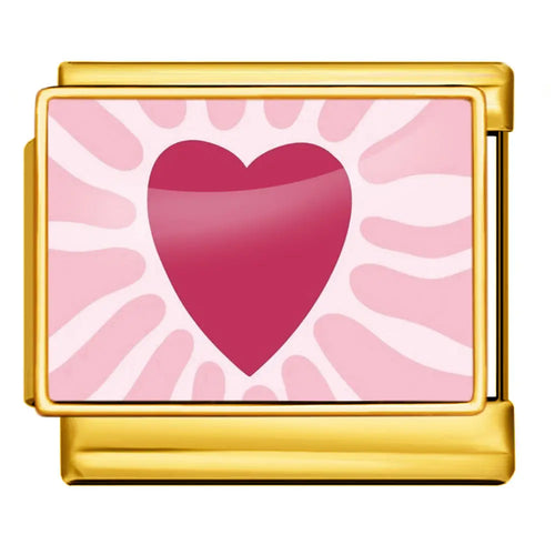 Charm coeur framboise rayonnant sur fond rose, monture dorée, acier inoxydable, bracelet charm italien