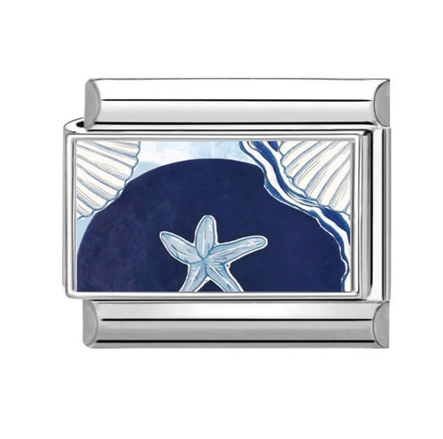Charm maillon acier inoxydable argenté, émail bleu marine avec étoile de mer bleu ciel et coquillage blanc, bracelet charm italien