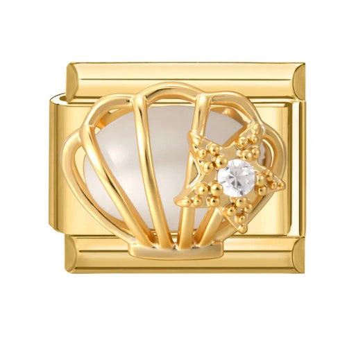 Charm coquillage Saint-Jacques doré nacré avec étoile de mer et cristal blanc, acier inoxydable, bracelet charm italien