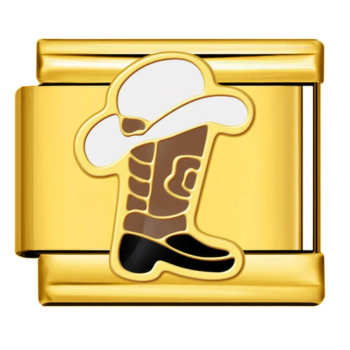 Charm plat maillon doré acier inoxydable motif botte de cowboy émaillée blanc brun noir bracelet charm italien