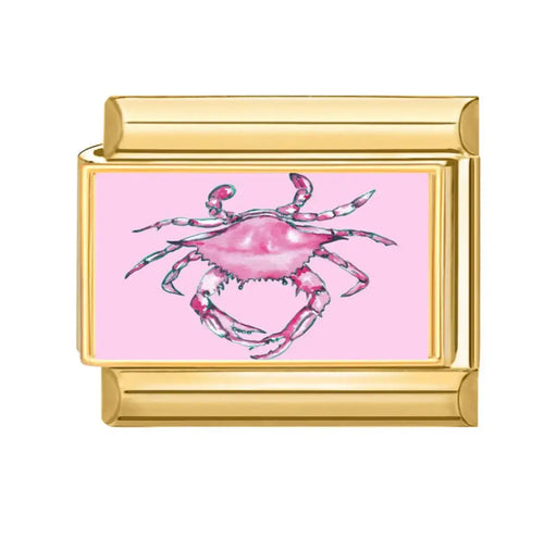 Charm crabe rose aquarelle sur fond rose poudré, maillon doré, acier inoxydable, bracelet charm italien