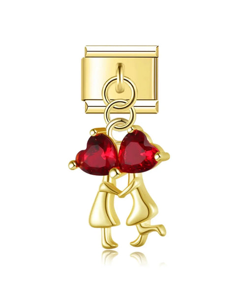 Charm pendentif duo amoureux doré avec deux silhouettes enlacées et coeurs en cristal rouge, acier inoxydable, bracelet charm italien