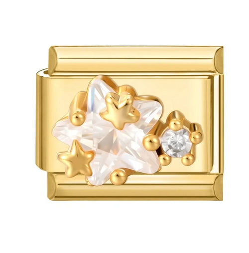 Charm maillon doré étoile en zircone blanche et diamant rond serti, acier inoxydable, bracelet charm italien