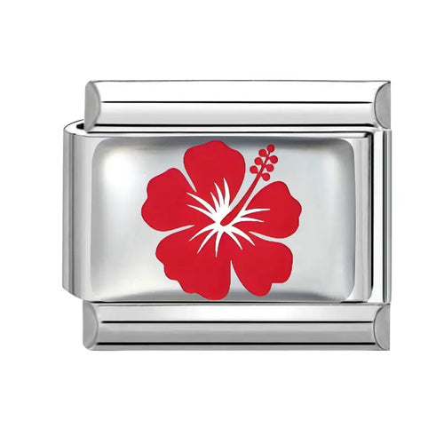 Charm maillon acier inoxydable avec fleur d'hibiscus rouge en émail sur fond argenté, bracelet charm italien