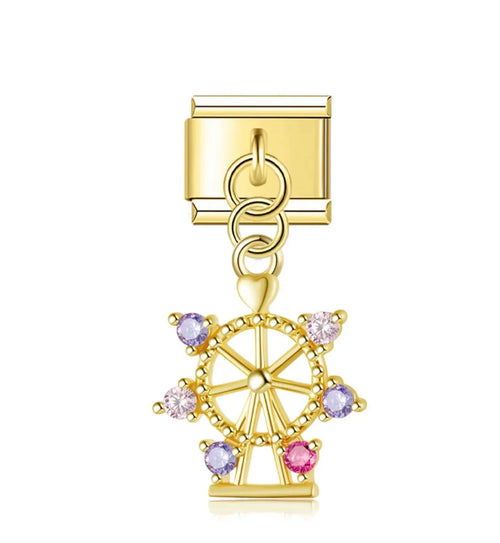 Charm pendentif grande roue dorée avec cristaux rose lilas et violet, acier inoxydable, bracelet charm italien