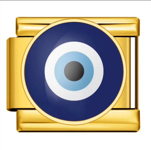 Charm maillon doré oeil protecteur nazar bleu marine et bleu ciel, acier inoxydable, bracelet charm italien