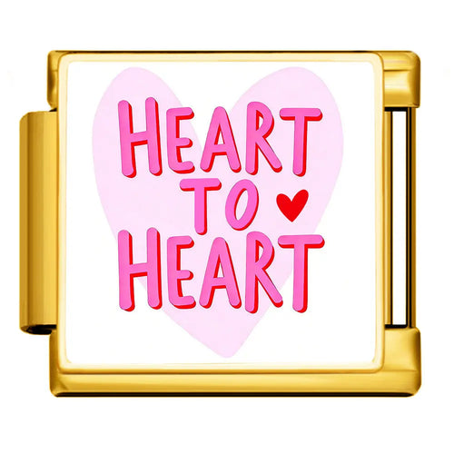 Charm Heart to Heart, maillon carré doré face blanche avec cœur rose et texte fuchsia, acier inoxydable, bracelet charm italien