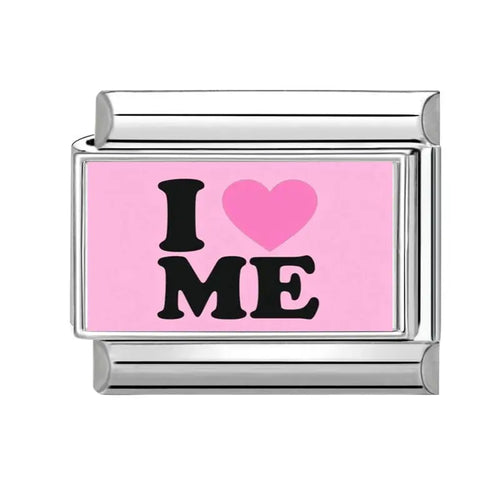 Charm I Love Me Rose, maillon émail rose avec texte I ♥ ME en lettres noires, acier inoxydable, bracelet charm italien