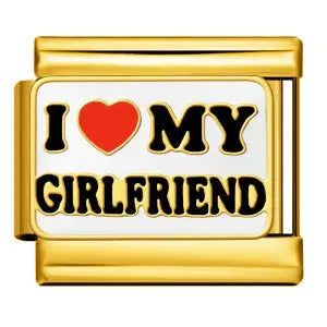 Charm I Love My Girlfriend, maillon blanc avec texte noir et cœur rouge, bordure dorée, acier inoxydable, bracelet charm italien