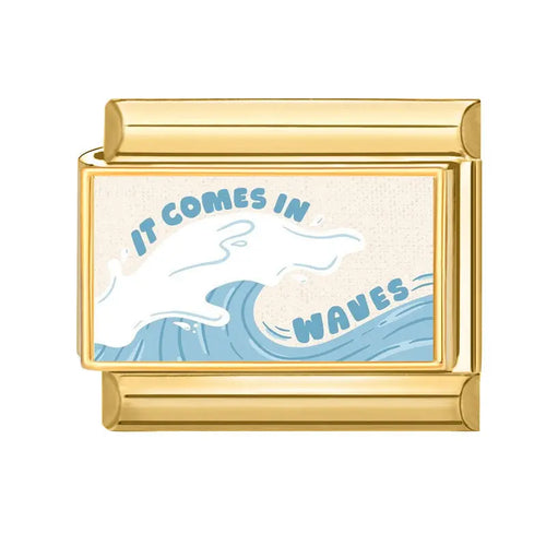 Charm maillon doré acier inoxydable, motif vague bleue émaillée avec inscription It Comes In Waves, bracelet charm italien