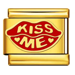 Charm maillon doré lèvres rouges émaillées KISS ME en acier inoxydable pour bracelet charm italien